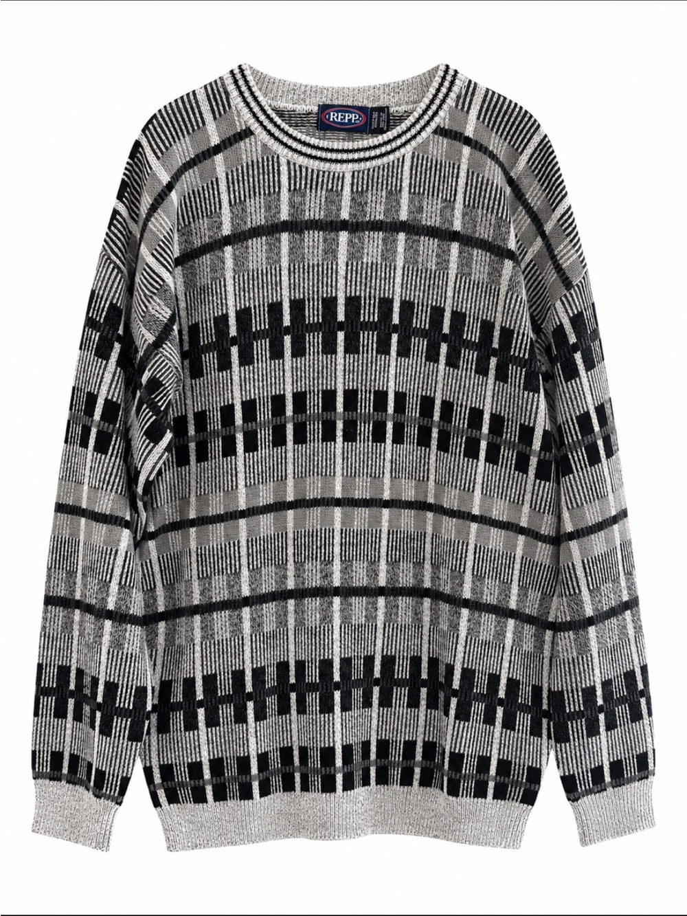 Vintage Repp Knit Sweater Men's 2XL Tall Cotton Gray Black 90s USA Crewneck